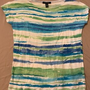 Ralph Lauren Women's Blue and Green Watercolor Stripe Tee